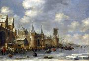 Thomas Hovenden Skaters outside city walls oil painting on canvas